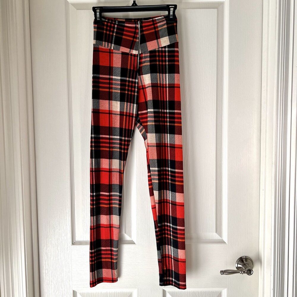 Topia Womens Sz Small Leggings Active Checkered Plaid Red & Black Goth Punk Emo